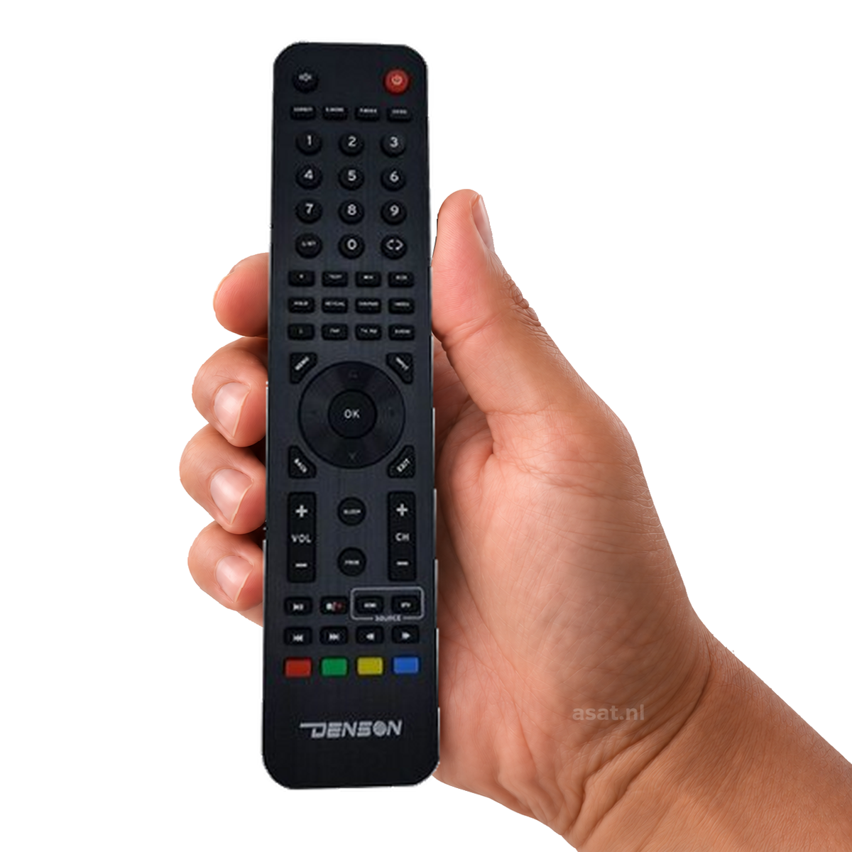 Denson remote DEN22/24TVSLIM-MT – originele afstandsbediening in de hand, witte achtergrond, asat.nl