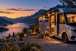 Camper bij een Alpenmeer tijdens zonsondergang
