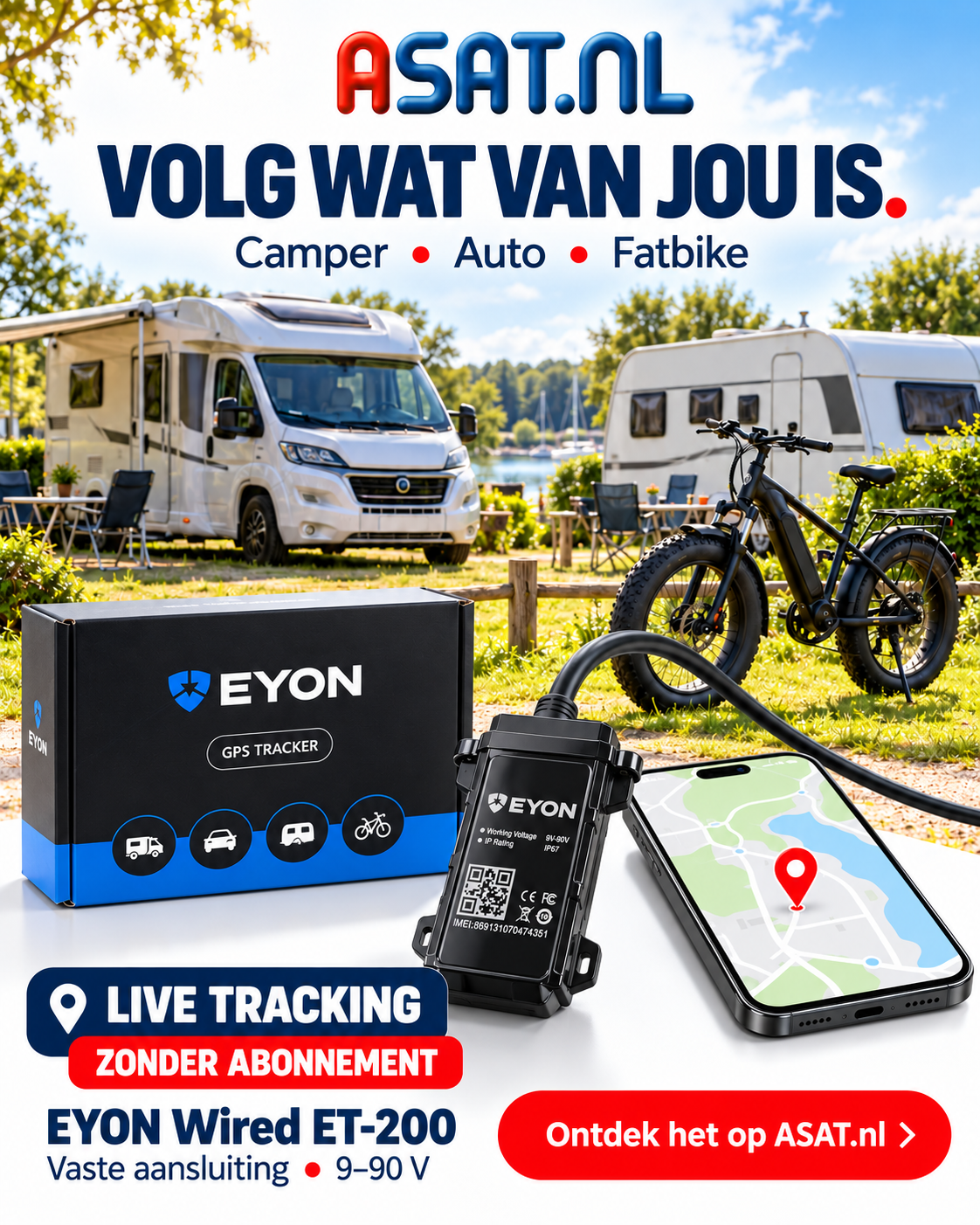 ASAT sfeerbeeld van EYON Wired ET-200 met camper, fatbike en bedrade tracker