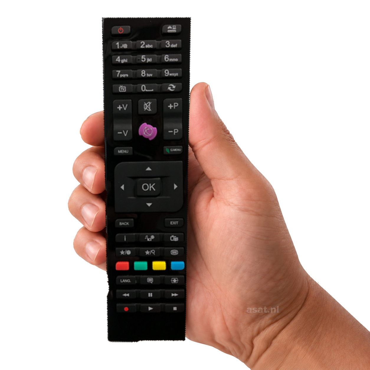 Finlux/Nikkei Universeel Remote – originele afstandsbediening in de hand, witte achtergrond, asat.nl