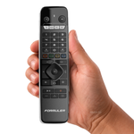 Formuler afstandsbediening remote Control GTV-IR – originele afstandsbediening in de hand, witte achtergrond, asat.nl