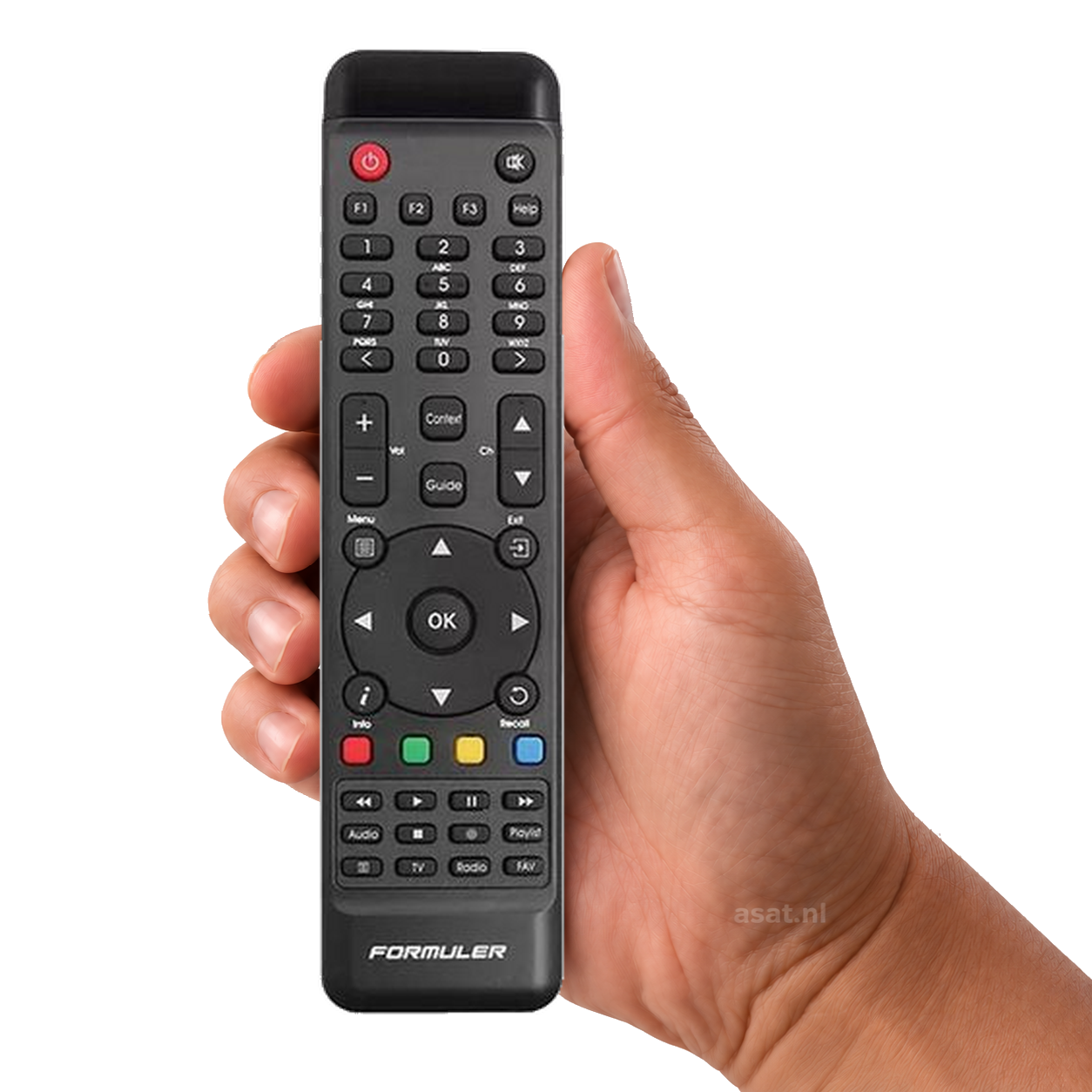 Formuler F Serie afstandsbediening – originele afstandsbediening in de hand, witte achtergrond, asat.nl