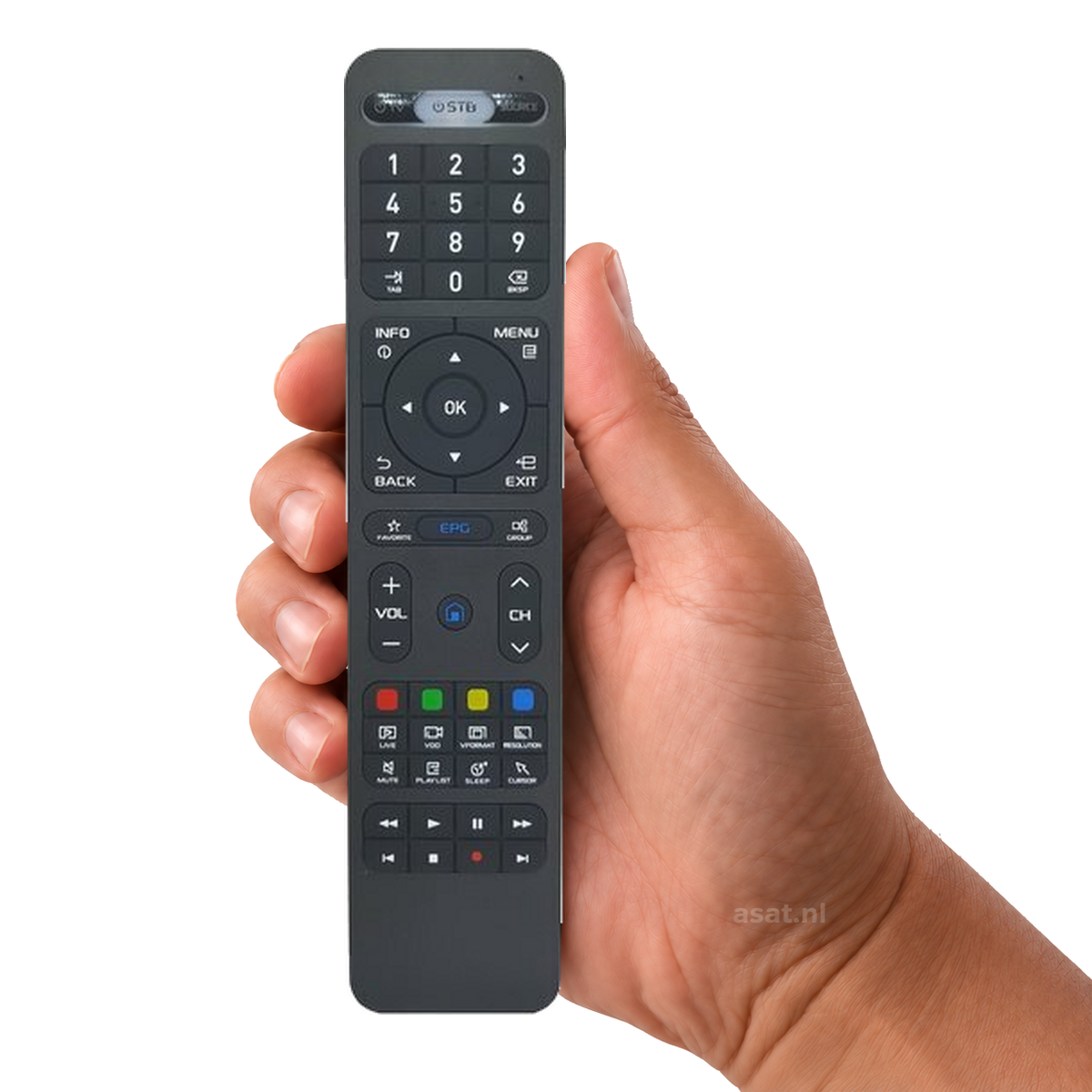 Formuler Remote Control Z7/Zx/Z+/Z prime – originele afstandsbediening in de hand, witte achtergrond, asat.nl