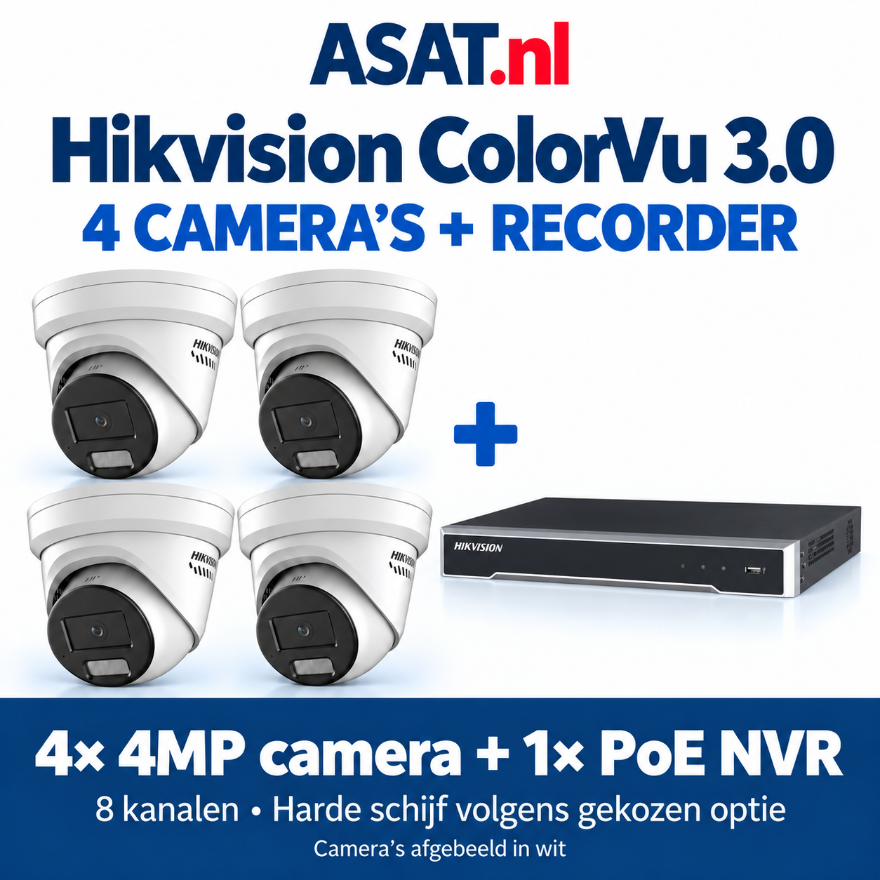 Hikvision ColorVu 3.0 set met 4 witte 4MP camera’s en 1 8-kanaals PoE NVR