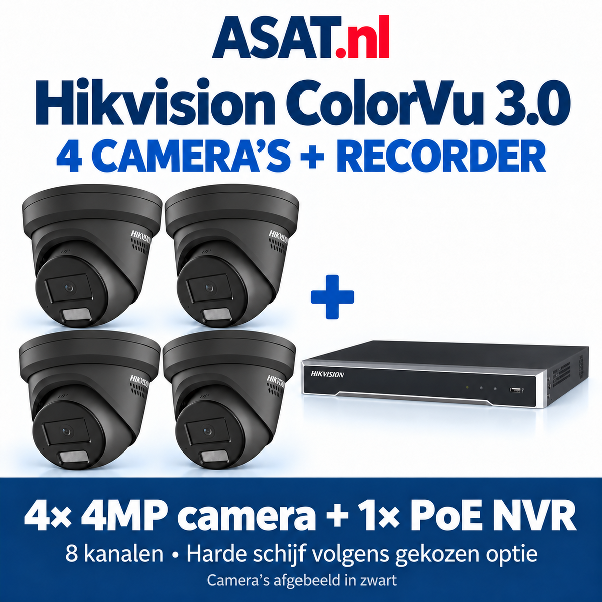 Hikvision ColorVu 3.0 set met 4 zwarte 4MP camera’s en 1 8-kanaals PoE NVR