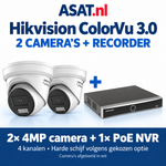 Hikvision ColorVu 3.0 bundel met 2 camera’s in wit en 1 vierkanaals PoE NVR