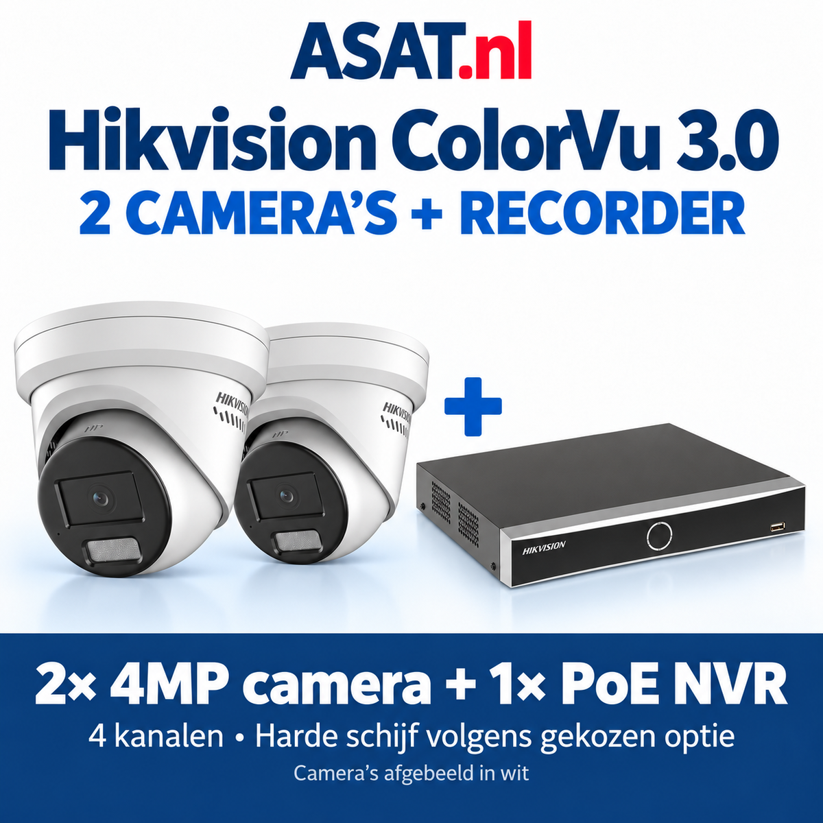 Hikvision ColorVu 3.0 bundel met 2 camera’s in wit en 1 vierkanaals PoE NVR