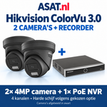 Hikvision ColorVu 3.0 bundel met 2 camera’s in zwart en 1 vierkanaals PoE NVR