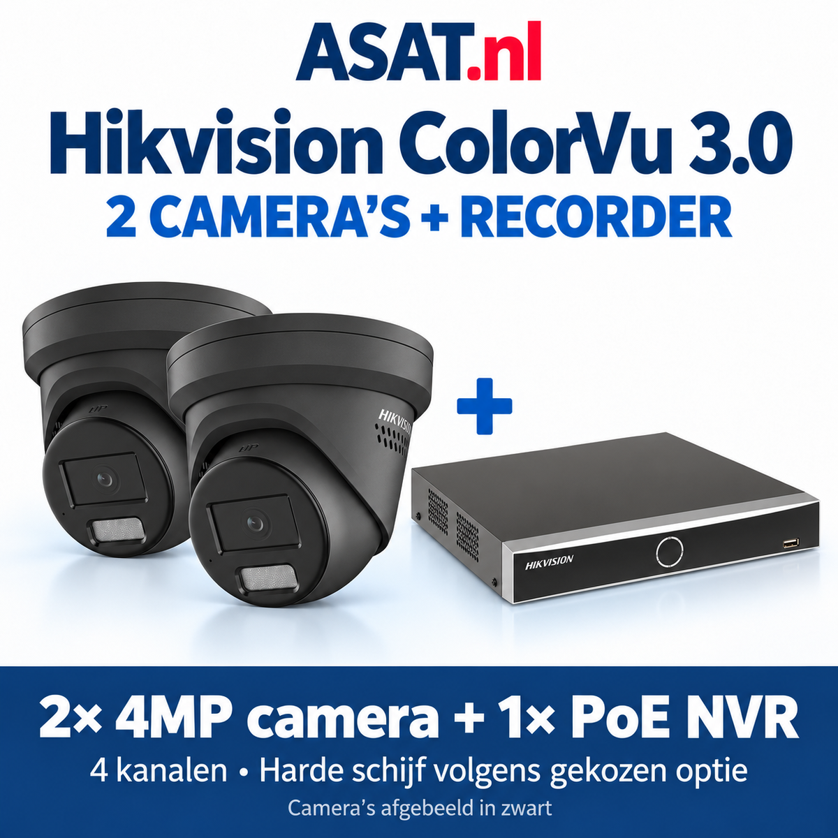 Hikvision ColorVu 3.0 bundel met 2 camera’s in zwart en 1 vierkanaals PoE NVR