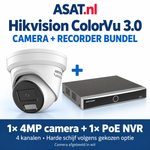Hikvision ColorVu 3.0 bundel met 1 witte 4MP camera en 1 vierkanaals PoE NVR; harde schijf volgens gekozen optie