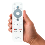 Homatics Afstandsbediening BT met google Assistent RCU (Small) – originele afstandsbediening in de hand, witte achtergrond, asat.nl