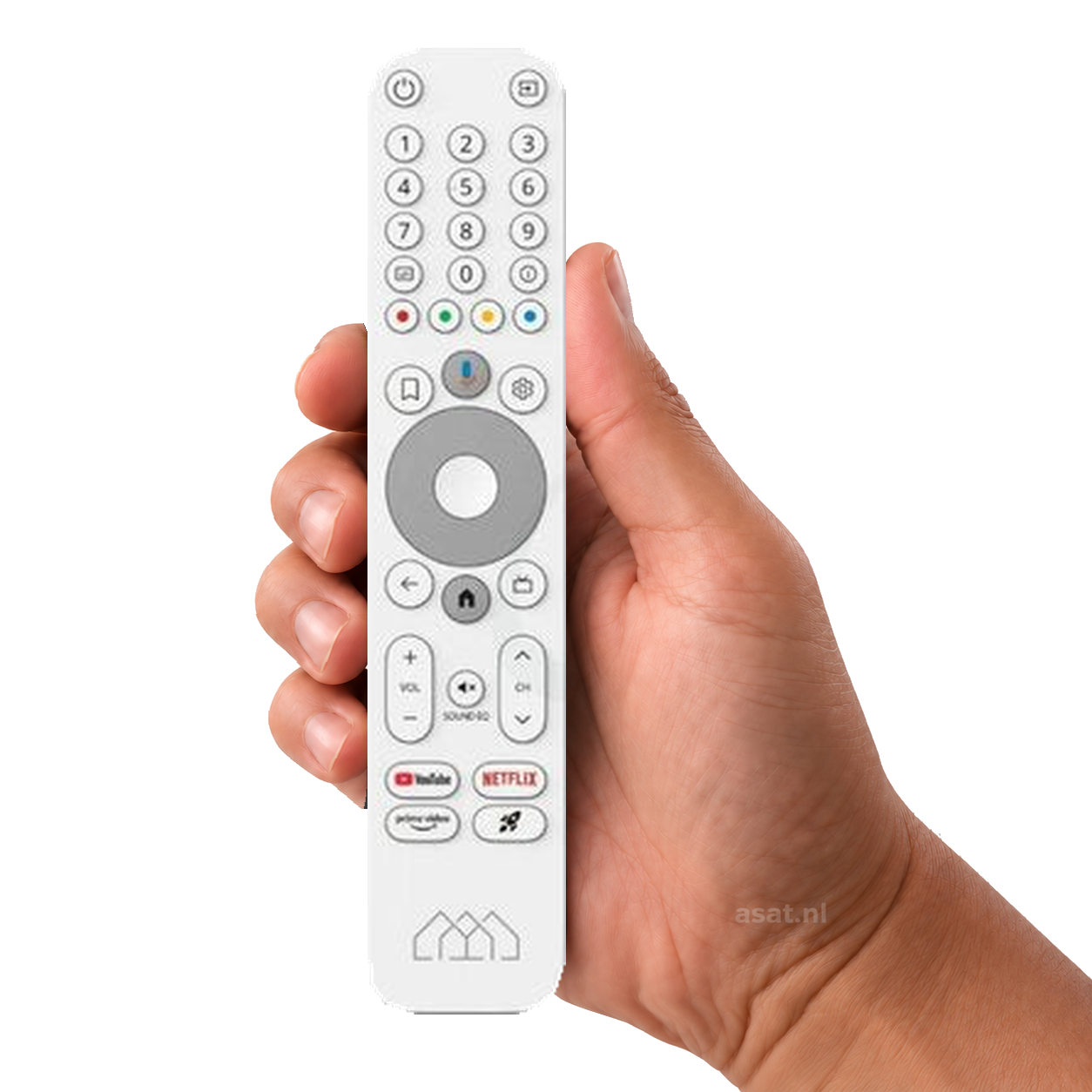 Homatics Premium Android TV BT Afstandsbediening – Google Assistent (Big) – originele afstandsbediening in de hand, witte achtergrond, asat.nl