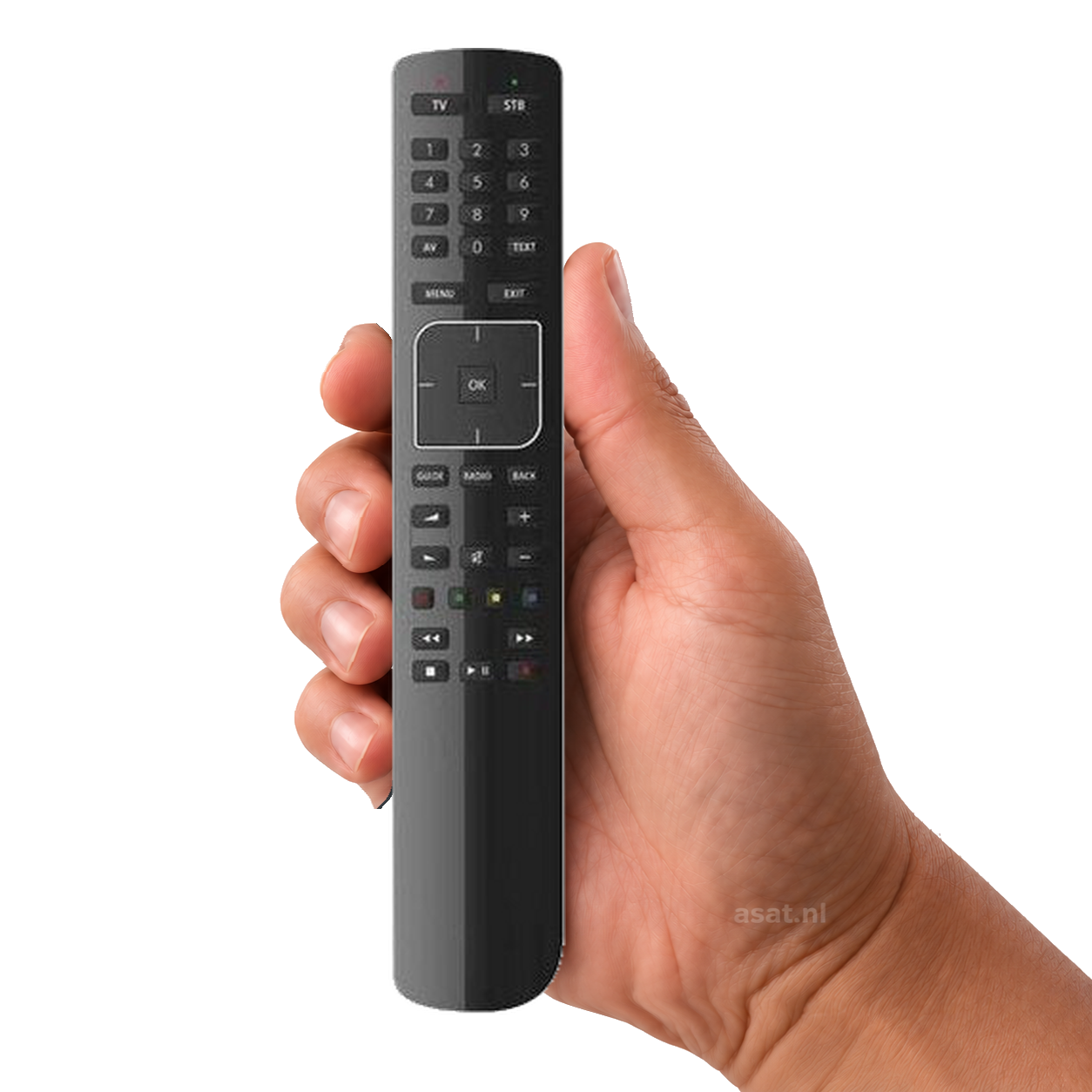 M7 CDS Afstandsbediening EVO MZ101/MP201 in de hand op witte achtergrond, met subtiel asat.nl-watermerk