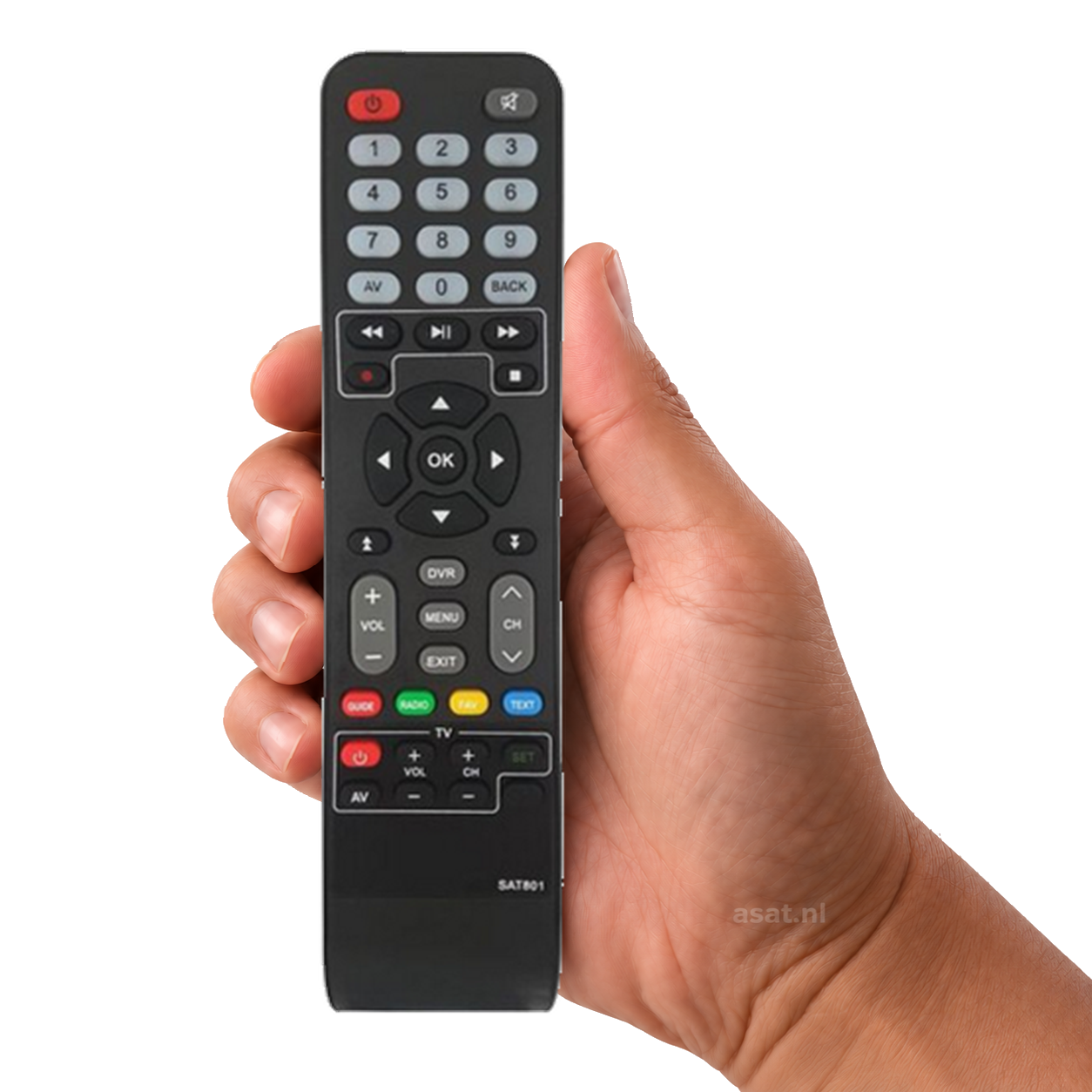 M7 CDS Philips/M7 remote SAT801 kopie – originele afstandsbediening in de hand, witte achtergrond, asat.nl