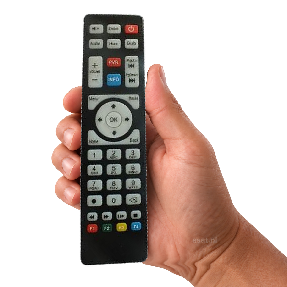 Maxytec Afstandsbediening – originele afstandsbediening in de hand, witte achtergrond, asat.nl
