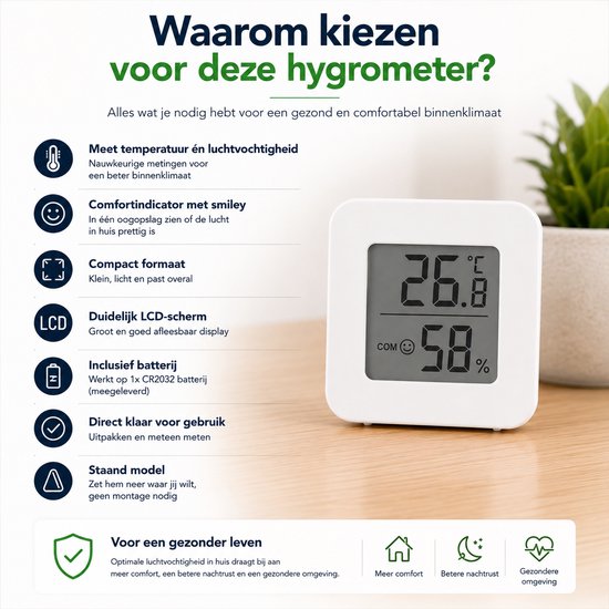 LCD-scherm met temperatuur, luchtvochtigheid en comfortindicatie