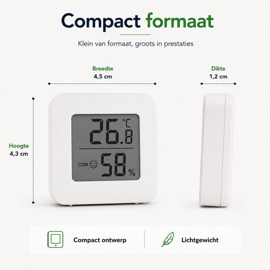 Afmetingen mini thermometer en hygrometer: 4,3 × 4,5 × 1,2 cm