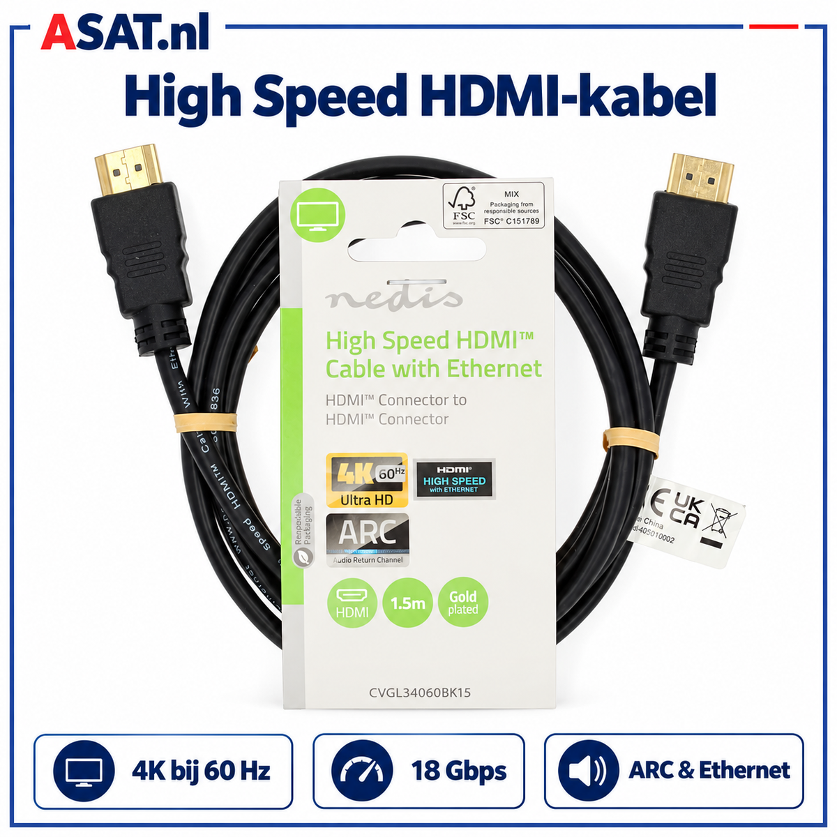 Nedis High Speed HDMI-kabel met Ethernet – 4K 60 Hz, 18 Gbps en ARC