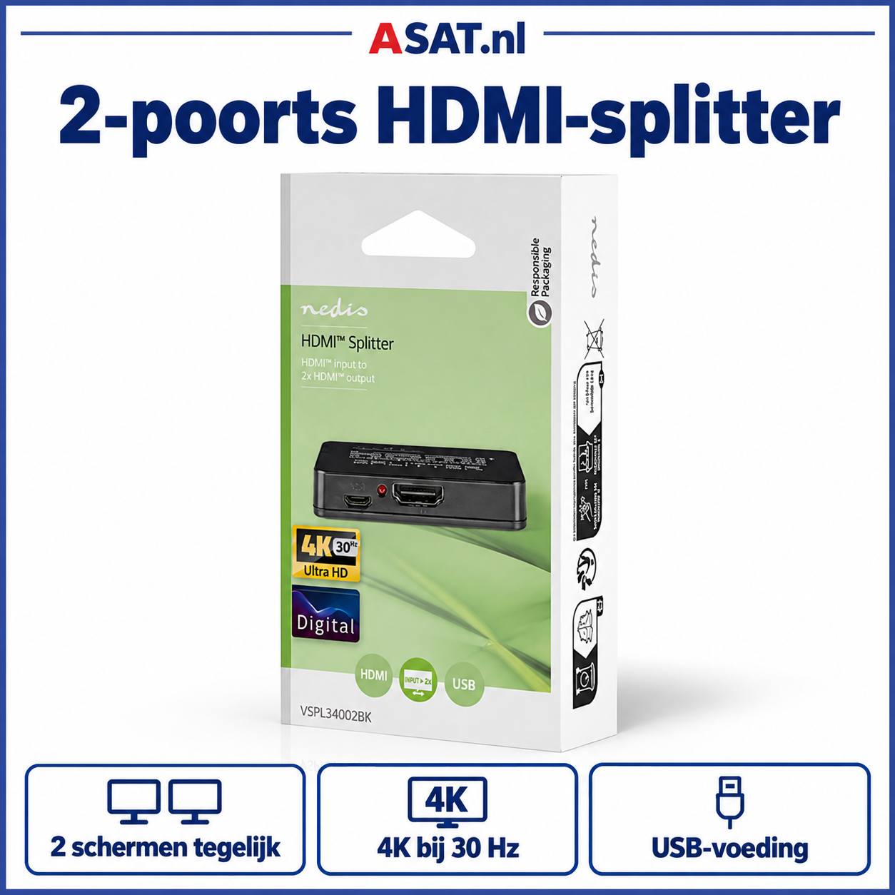 Nedis 2-poorts HDMI-splitter VSPL34002BK – 4K 30 Hz en USB-voeding
