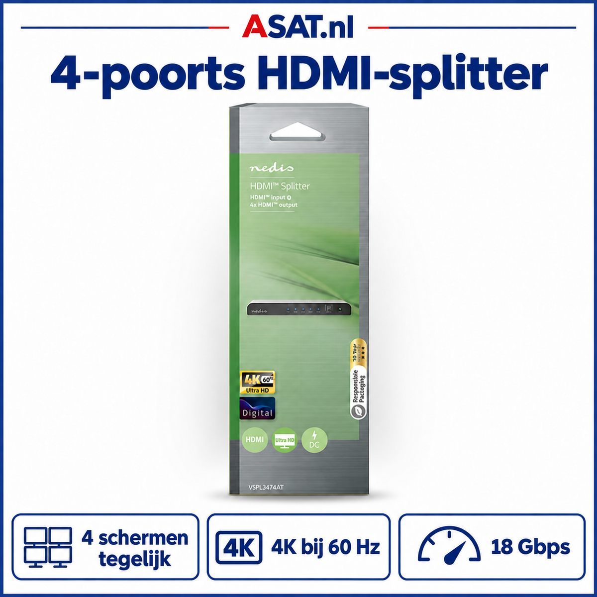 Nedis VSPL3474AT HDMI-splitter – vier schermen, 4K 60 Hz en 18 Gbps