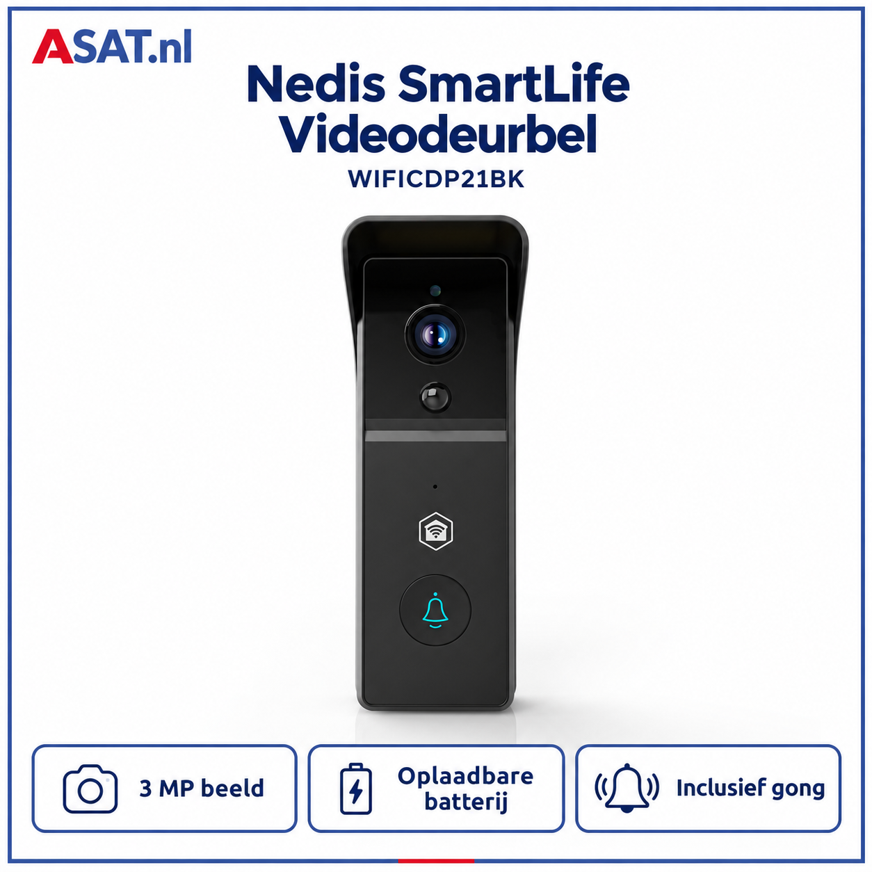 Nedis SmartLife WIFICDP21BK videodeurbel met 3 MP beeld, oplaadbare batterij en meegeleverde gong