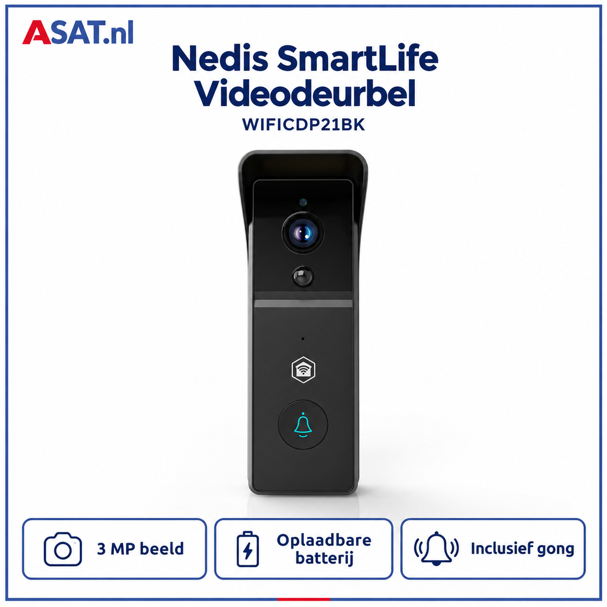 Nedis SmartLife WIFICDP21BK videodeurbel met 3 MP beeld, oplaadbare batterij en meegeleverde gong