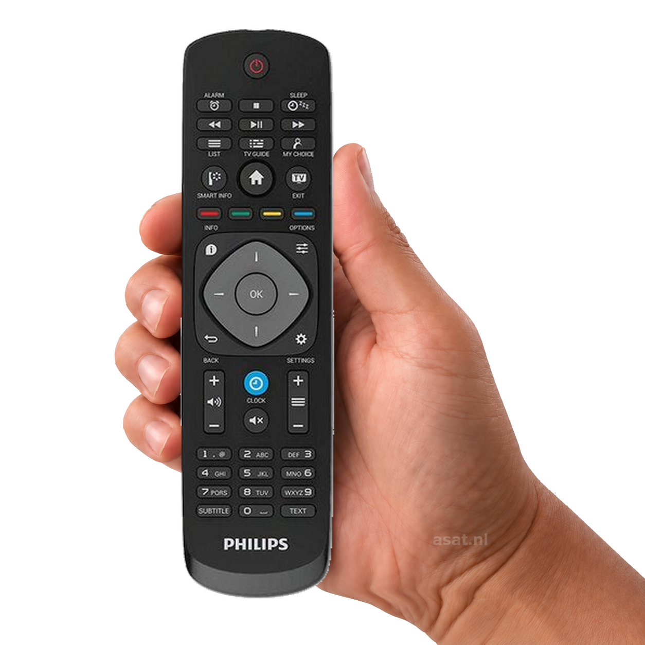 Philips Remote EasySuite RC 3011 serie in de hand op witte achtergrond, met subtiel asat.nl-watermerk