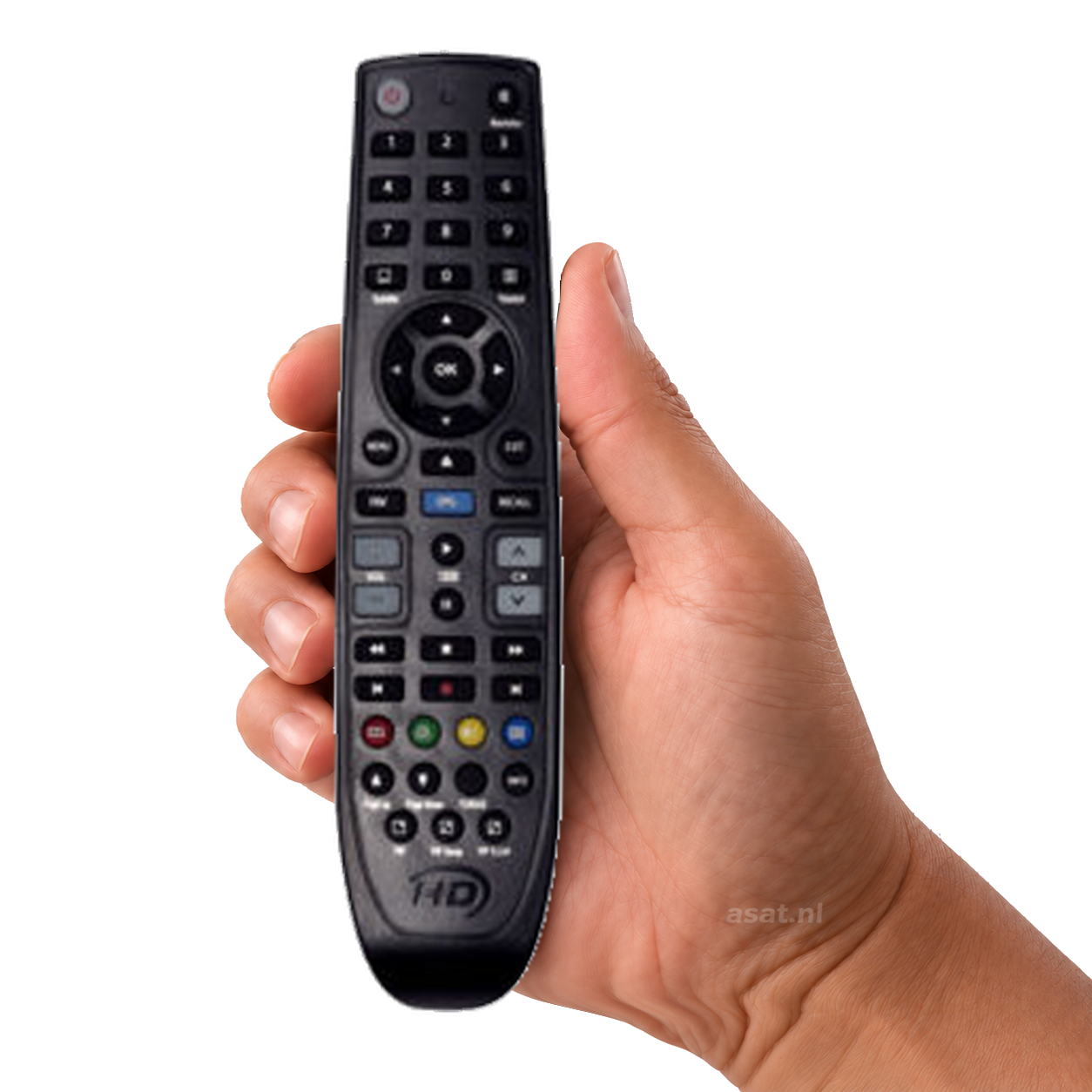 Rebox STB afstandsbediening Universeel – originele afstandsbediening in de hand, witte achtergrond, asat.nl