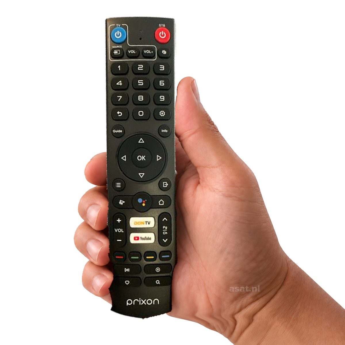 Prixon Venom  afstandsbediening in de hand, witte achtergrond — asat.nl