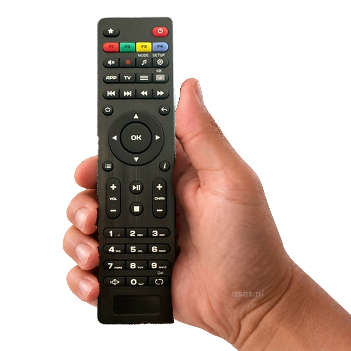 Mag 250/254/256 afstandsbediening in de hand, witte achtergrond — asat.nl