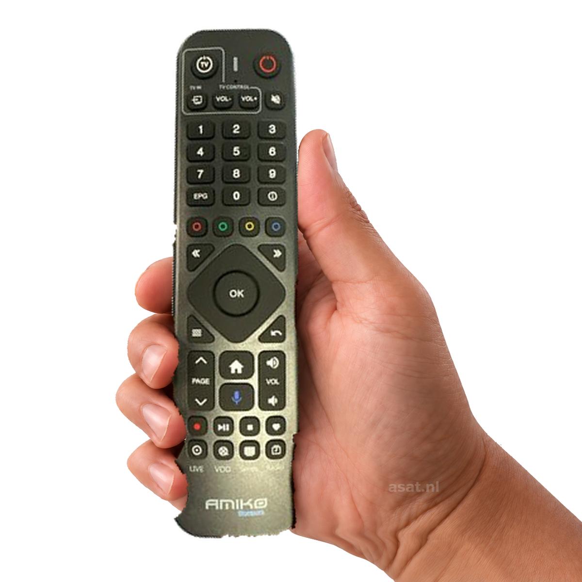 Amiko Android IR & Bluetooth Afstandsbediening voor A9 en A11 serie mediaspelers in de hand, witte achtergrond — asat.nl