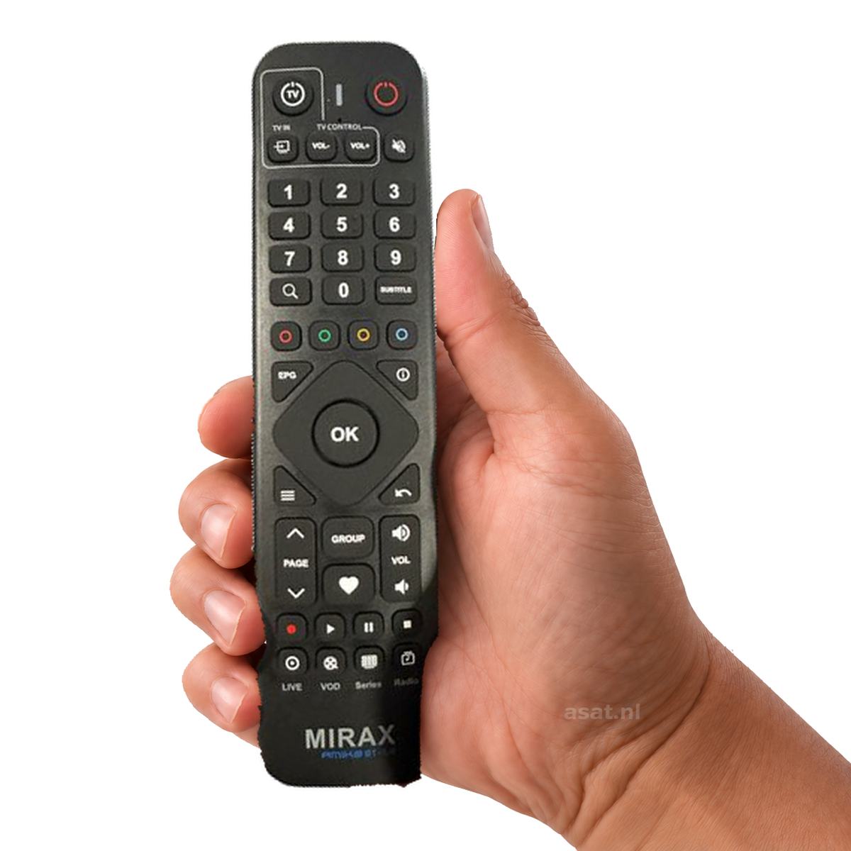 Amiko MIRAX BT-L4 IR & Bluetooth Afstandsbediening in de hand, witte achtergrond — asat.nl