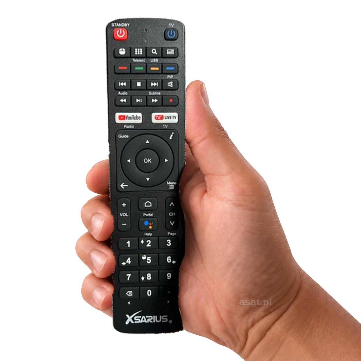 Xsarius Q8, Q12 en Aimax series Afstandsbediening in de hand, witte achtergrond — asat.nl