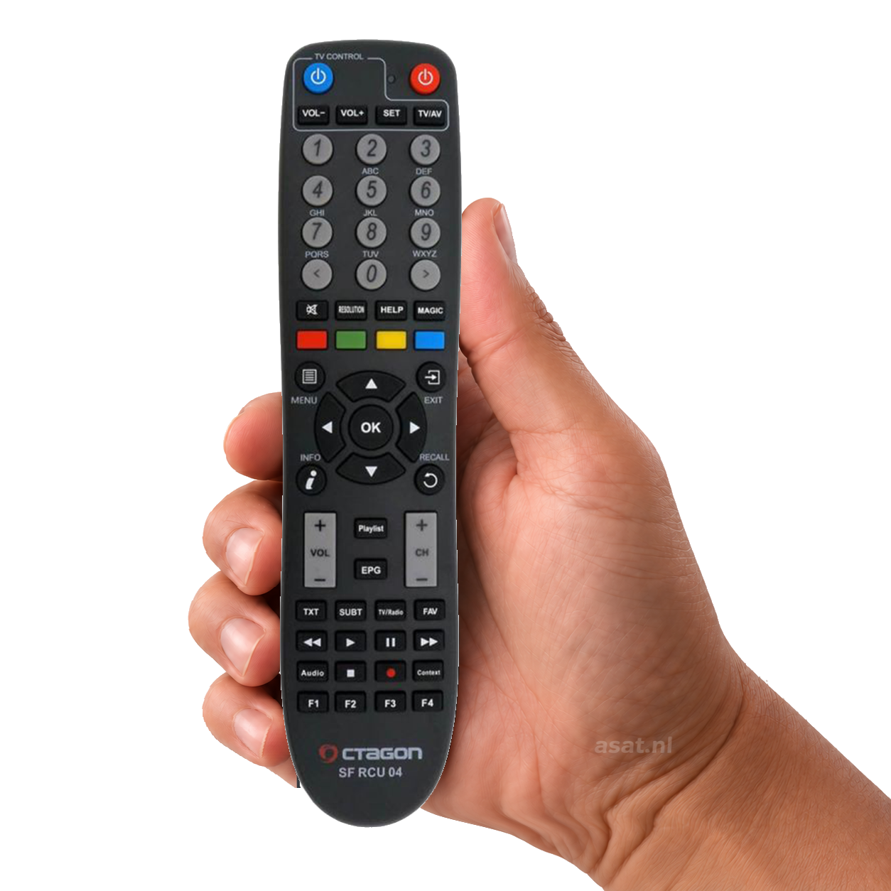 Octagon SF8008 Afstandsbediening in de hand, witte achtergrond — asat.nl