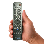 Xsarius BT RCU-A4 Advanced IR & Bluetooth Afstandsbediening with backlight Black in de hand, witte achtergrond — asat.nl