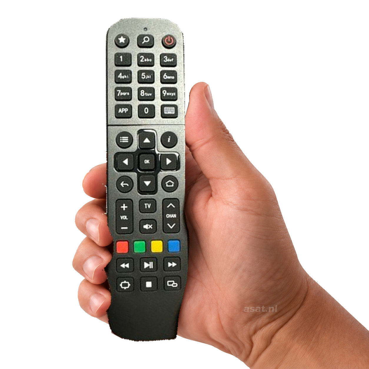 Infomir Originele Afstandsbediening voor MAG 420, 520, 522 serie in de hand, witte achtergrond — asat.nl