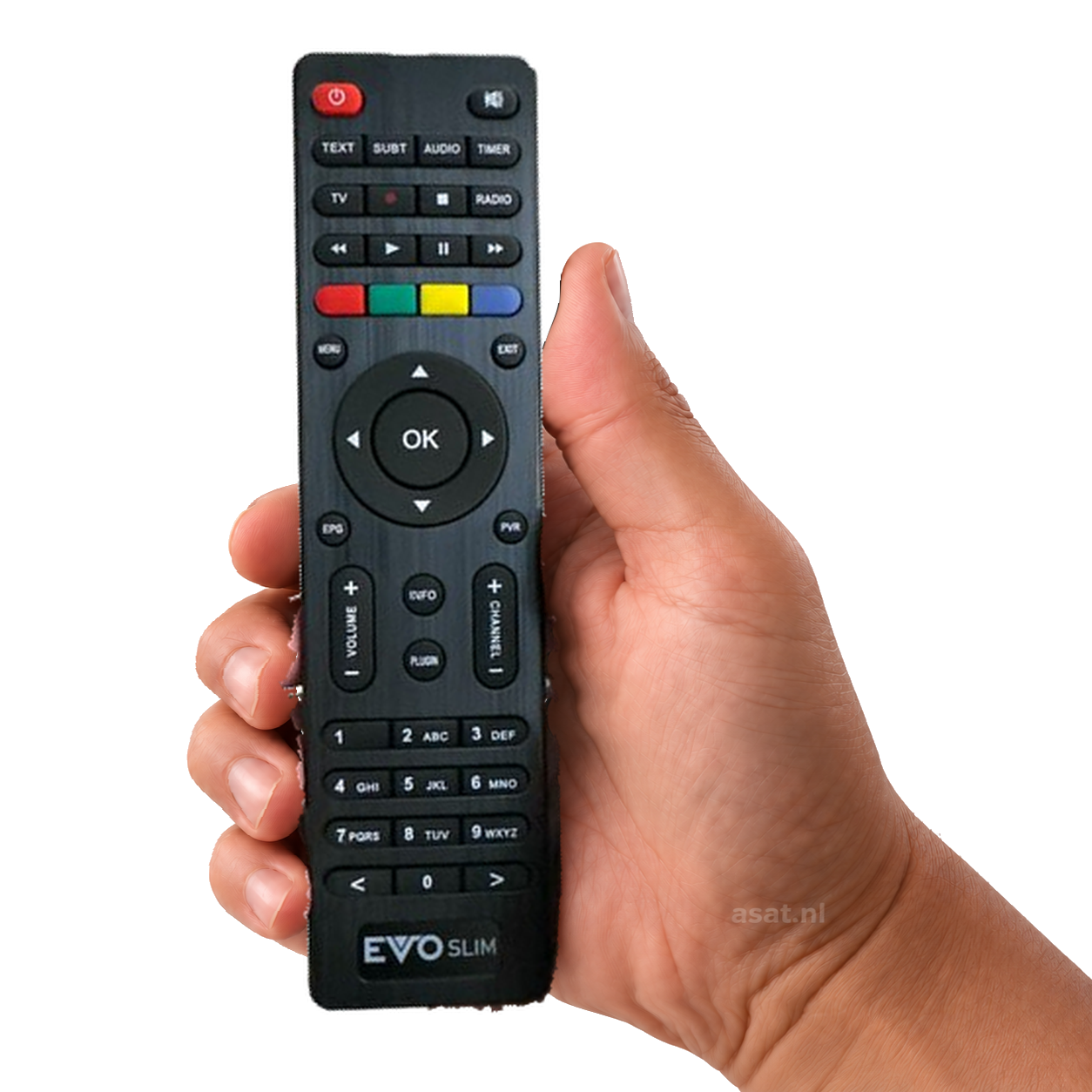 Afstandsbediening voor de Evo Slim / Viper Combo in de hand, witte achtergrond — asat.nl