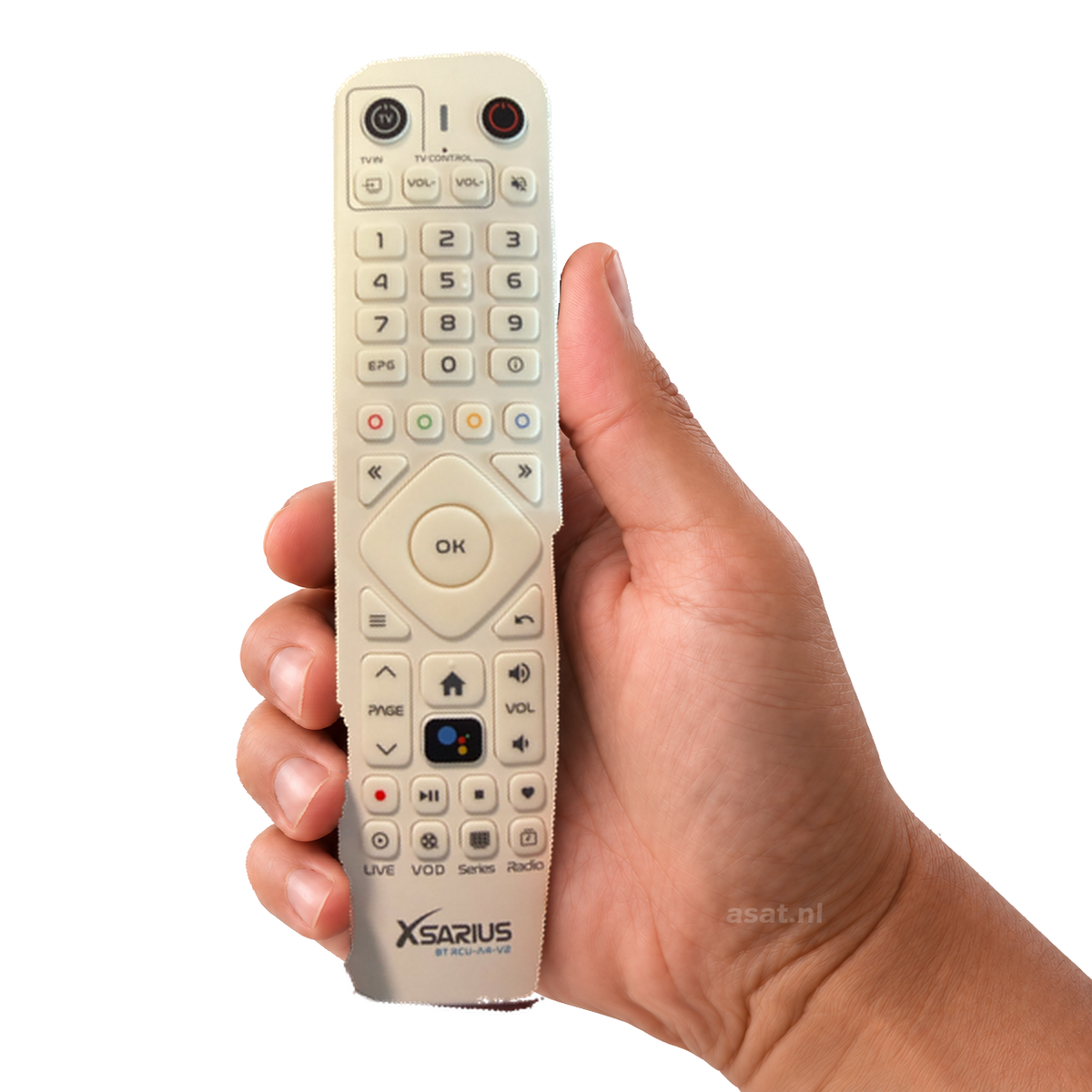Xsarius BT RCU-A4-V2 Advanced IR & Bluetooth Afstandsbediening with backlight White in de hand, witte achtergrond — asat.nl