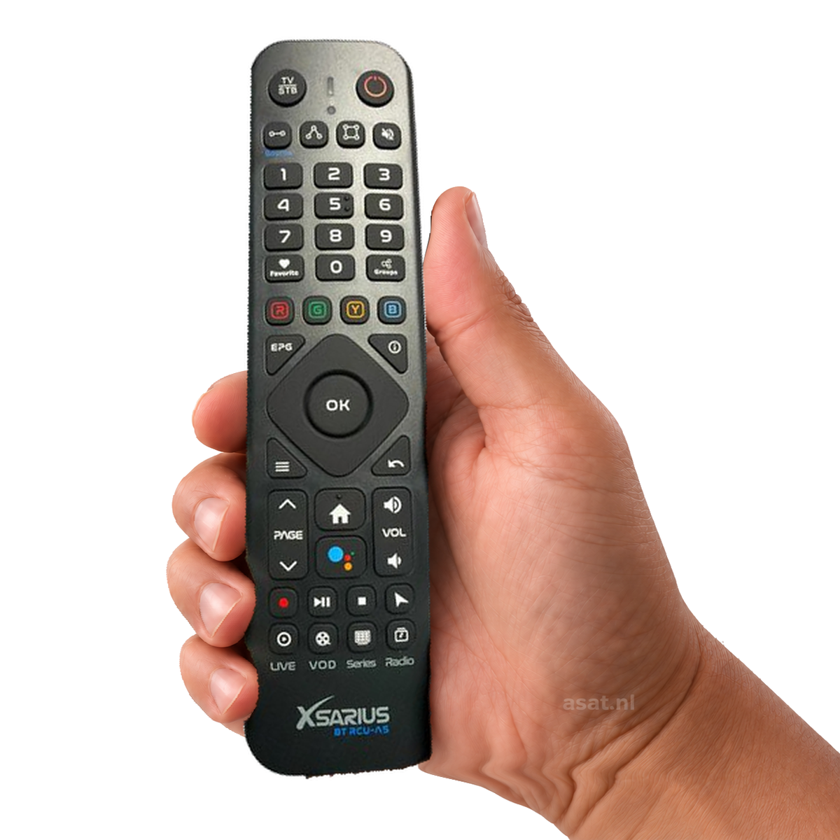 Xsarius BT RCU-A5 Advanced IR & Bluetooth Afstandsbediening with backlight Black Pure 4+ en Avant 4+ Ultra in de hand, witte achtergrond — asat.nl