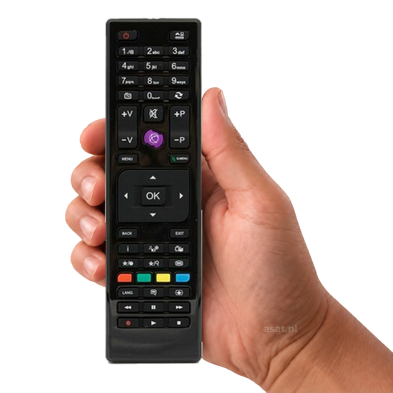 Salora afstandsbediening 9109 serie 1 (Paarse knop) – originele afstandsbediening in de hand, witte achtergrond, asat.nl