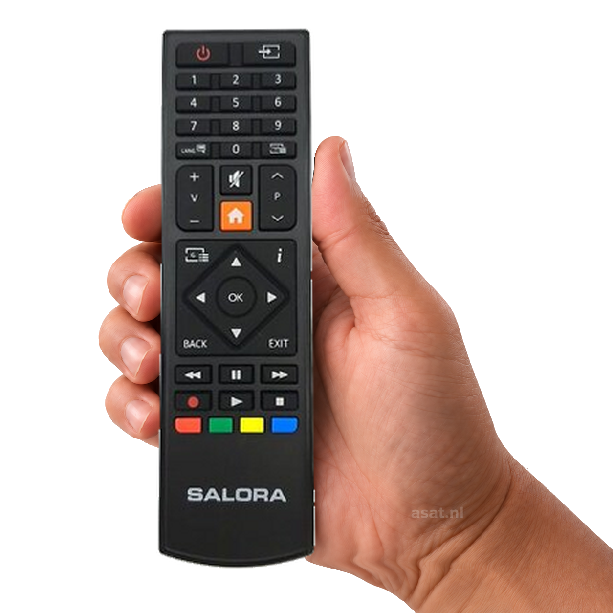 Salora remote 9109 serie 2 (Oranje knop) – originele afstandsbediening in de hand, witte achtergrond, asat.nl