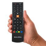 Salora remote 9109 serie 2 (Oranje knop) – originele afstandsbediening in de hand, witte achtergrond, asat.nl