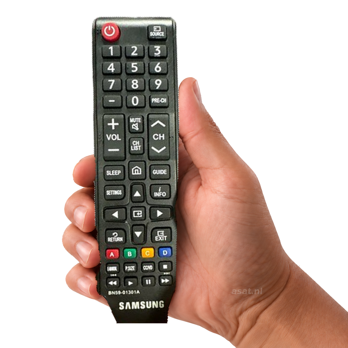 Afstandsbediening voor Samsung TV – vervangt BN59-01301A in de hand, witte achtergrond — asat.nl