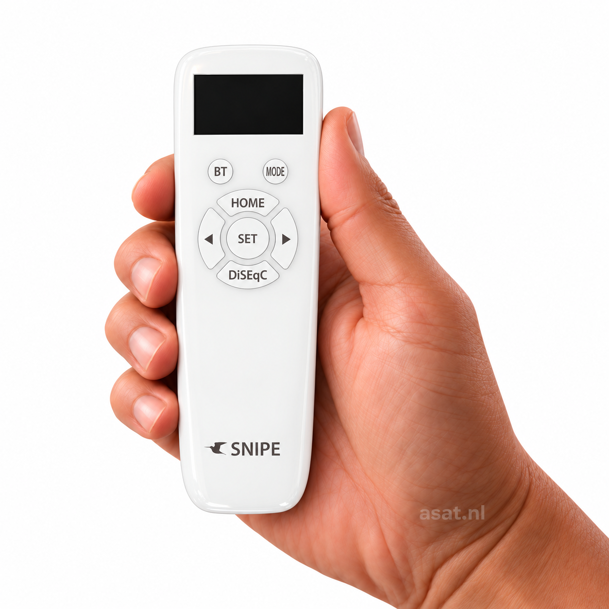 Selfsat SNIPE 4 Bluetooth-afstandsbediening in de hand – ASAT