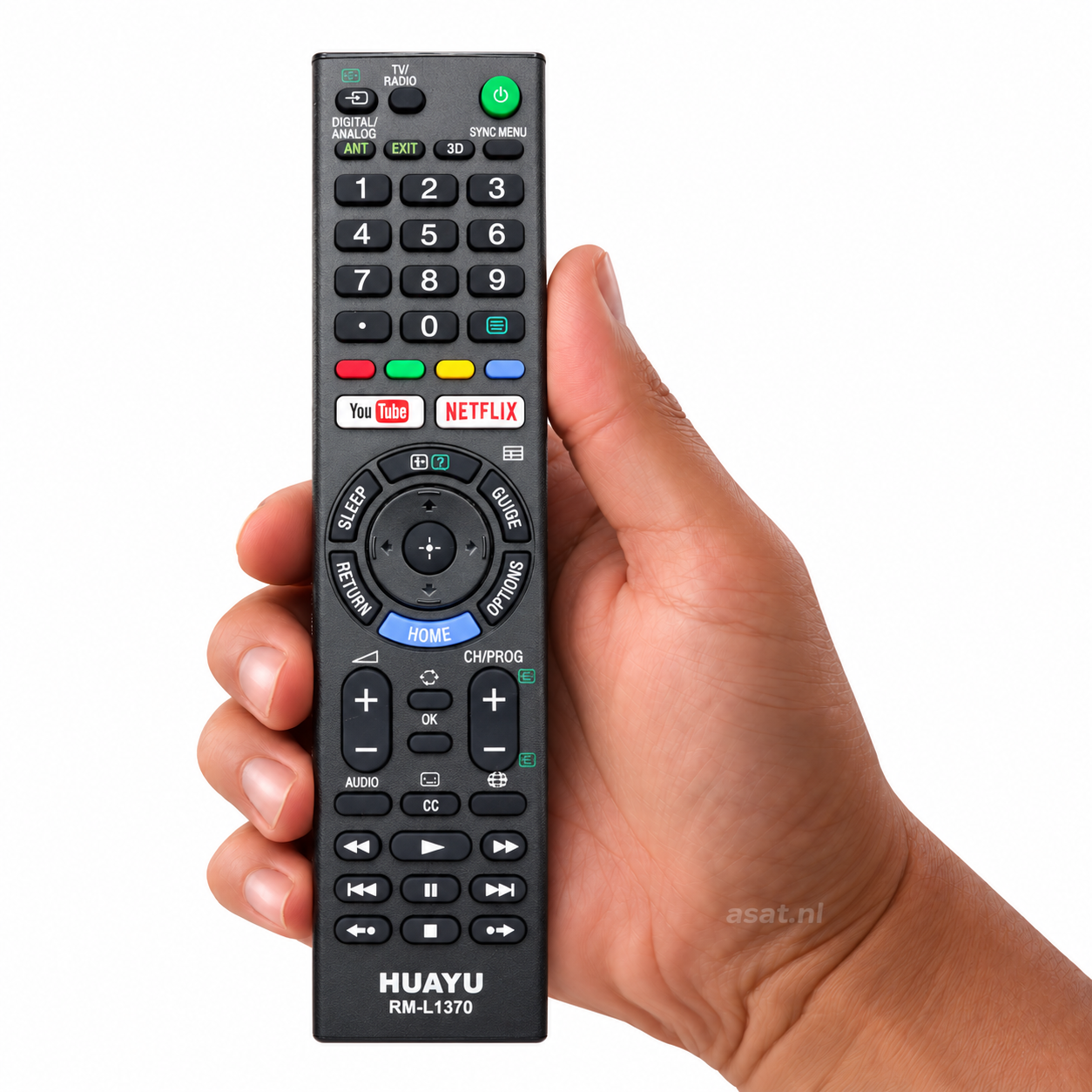 Sony TV afstandsbediening RM-L1370 in de hand – asat.nl