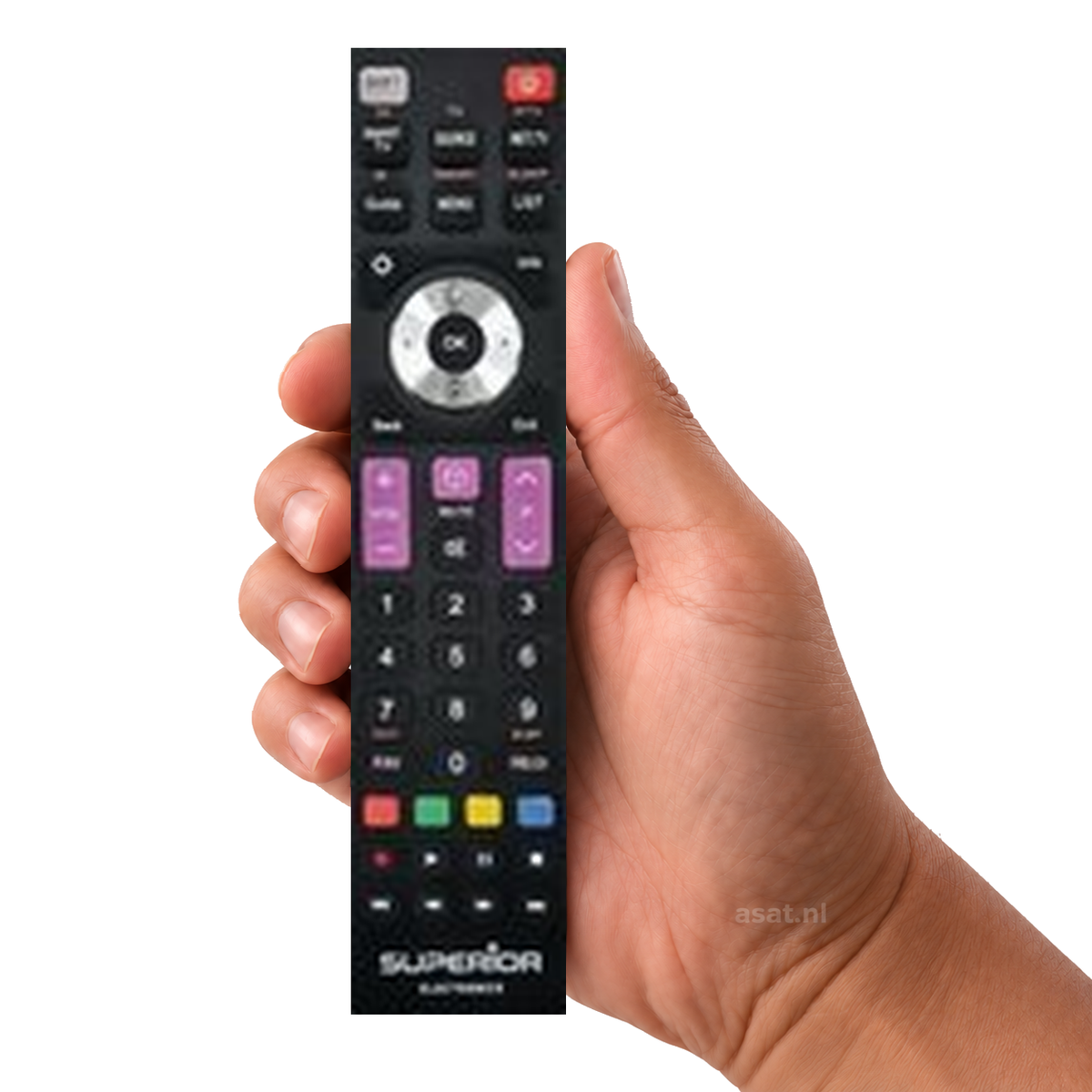 Thomson en TCL TV afstandsbediening – originele afstandsbediening in de hand, witte achtergrond, asat.nl