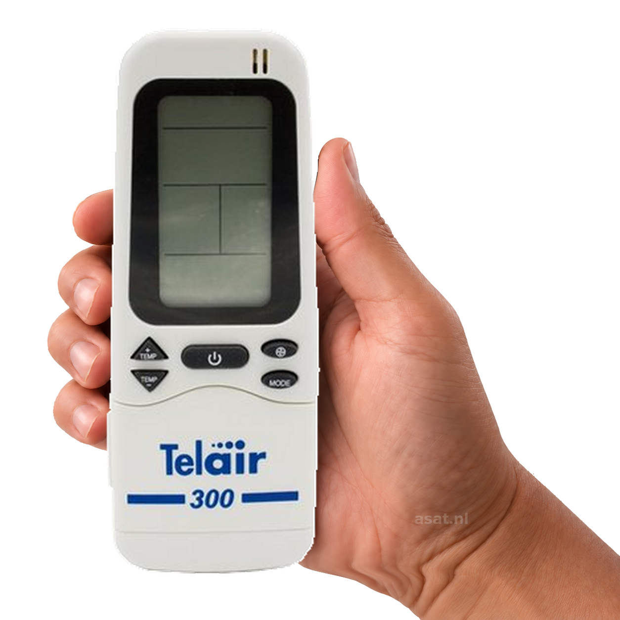 Telair 03487 Remote Silent 12000/3800/5300/7300 – originele afstandsbediening in de hand, witte achtergrond, asat.nl