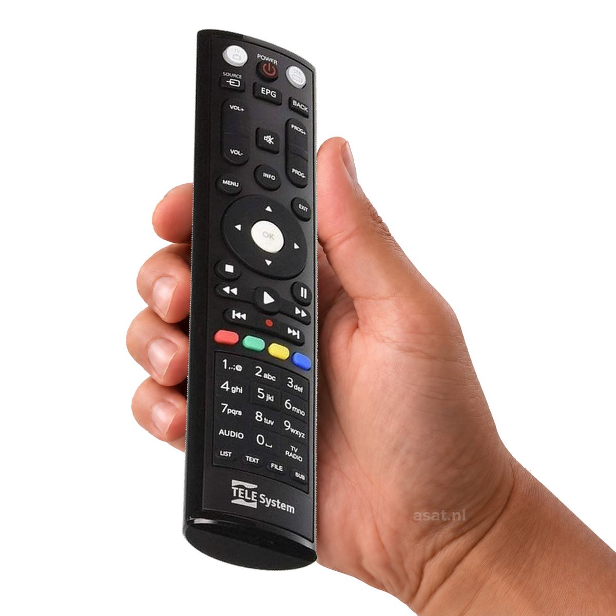 TeleSystem Palco All in One afstandsbediening universeel – originele afstandsbediening in de hand, witte achtergrond, asat.nl