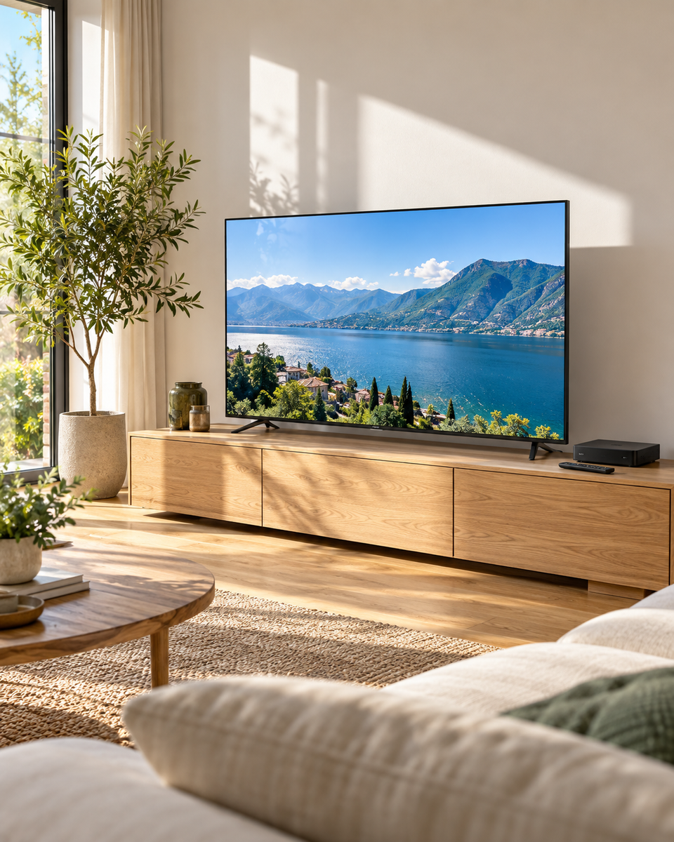 Televisie en mediaspeler in een lichte woonkamer met zonnig uitzicht op het scherm