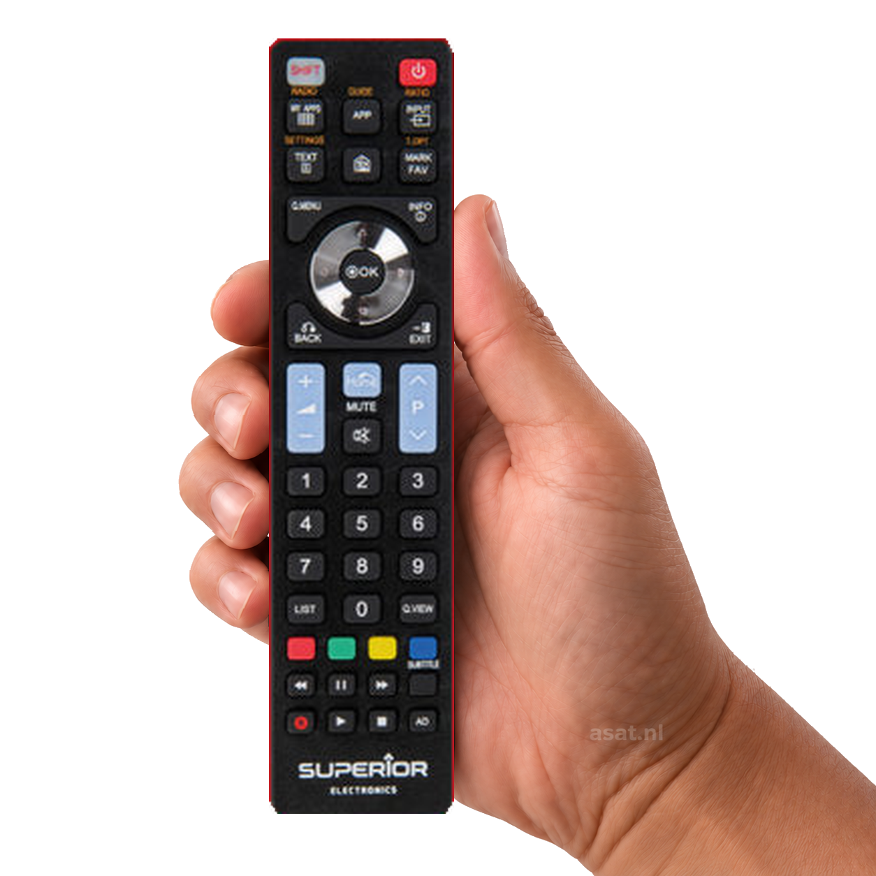 Universeel afstandsbediening voor alle LG Tvs – originele afstandsbediening in de hand, witte achtergrond, asat.nl